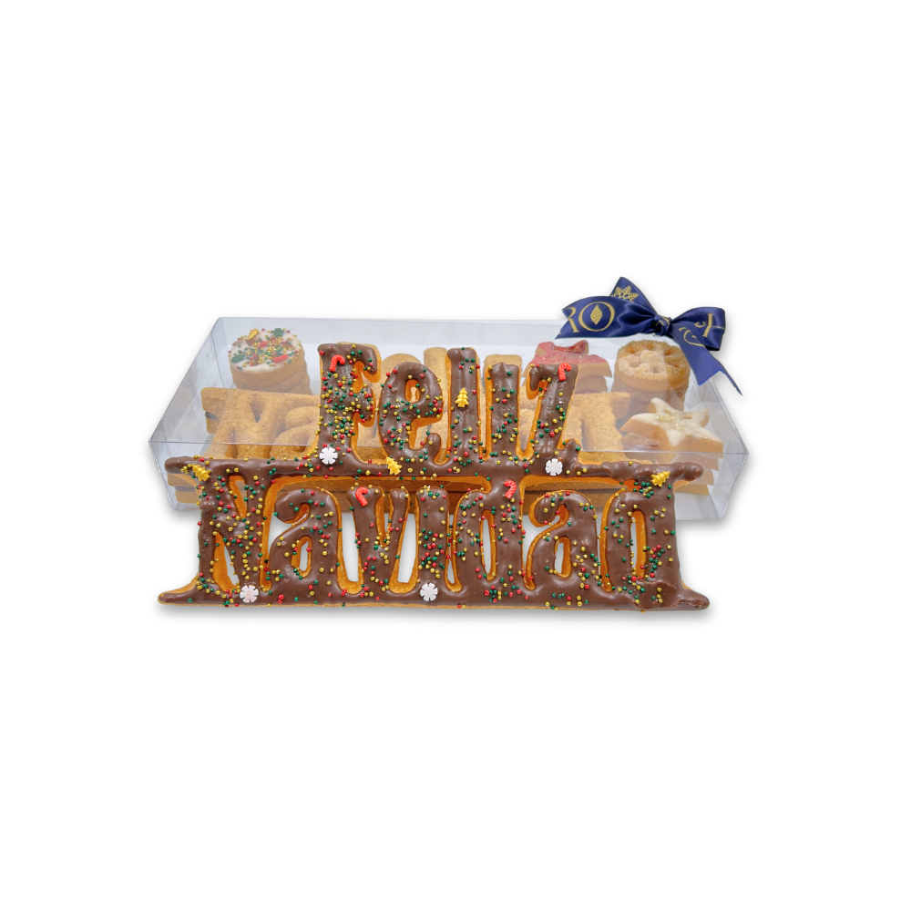 Letrero Feliz Navidad (3 letreros "Feliz Navidad" de buluelos surtidos y decorativos. 14 buñuelos minis surtidos decorados)